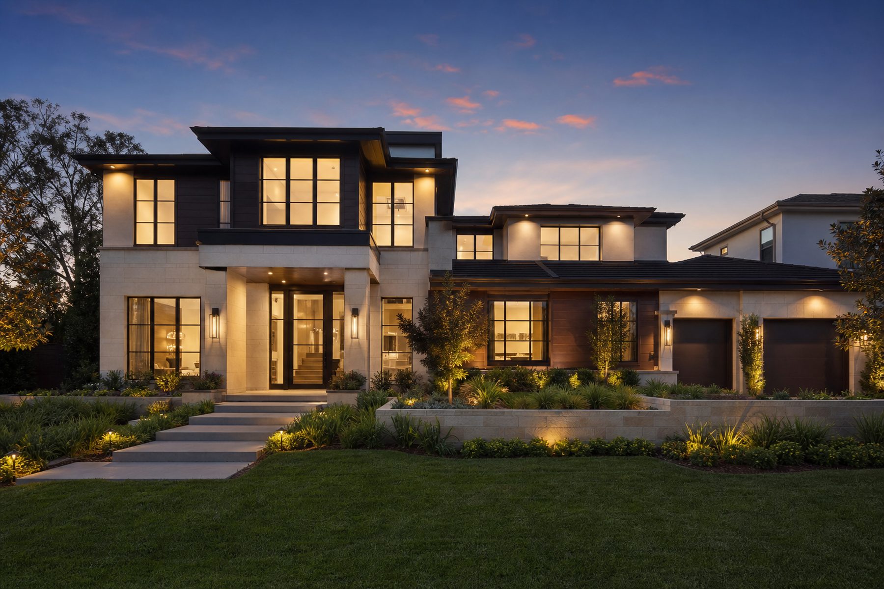 A lit family home at dusk